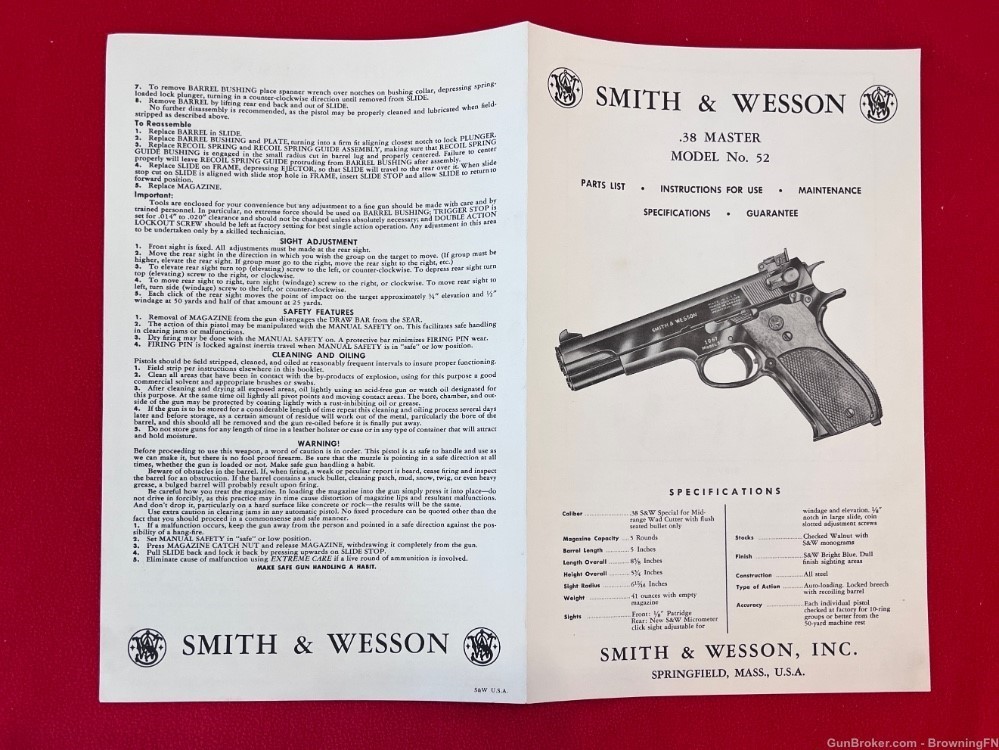 Vintage Smith & Wesson Owners Instruction Manual Model 52 .38 Master S&W-img-3