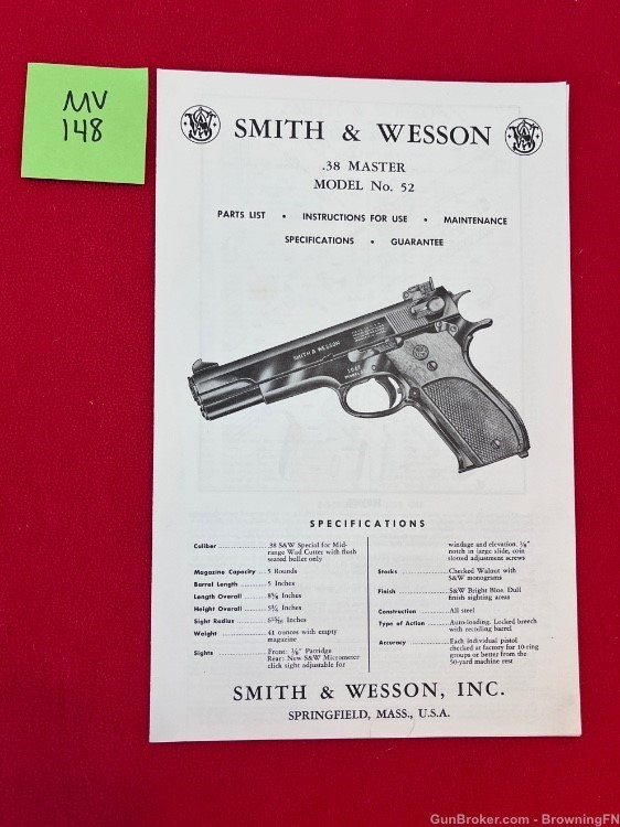 Vintage Smith & Wesson Owners Instruction Manual Model 52 .38 Master S&W-img-0