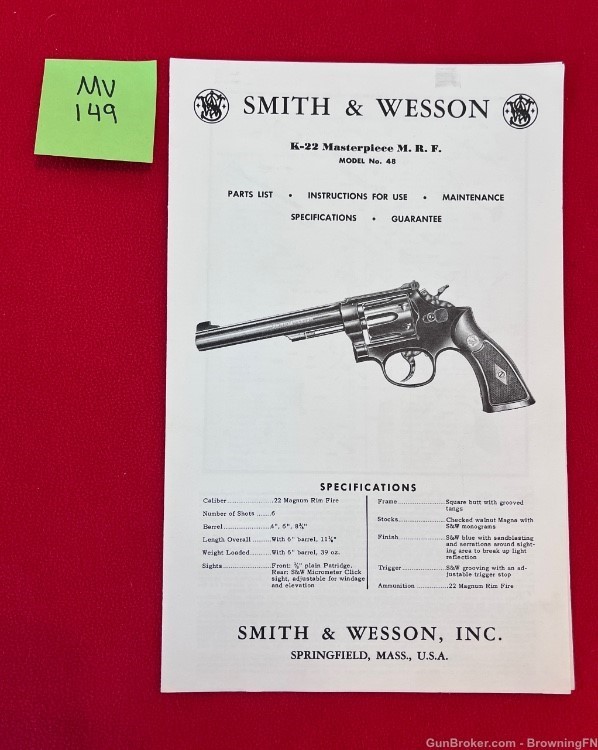 Vintage Smith & Wesson Owners Instruction Manual Model 48 .22 Magnum S&W-img-0