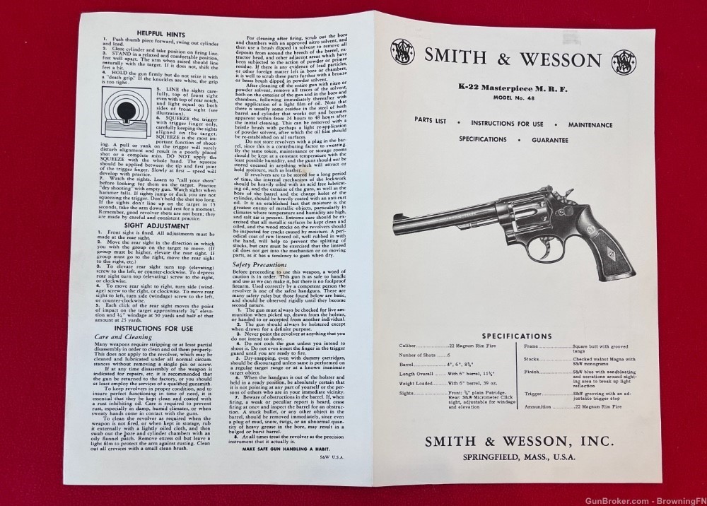 Vintage Smith & Wesson Owners Instruction Manual Model 48 .22 Magnum S&W-img-3