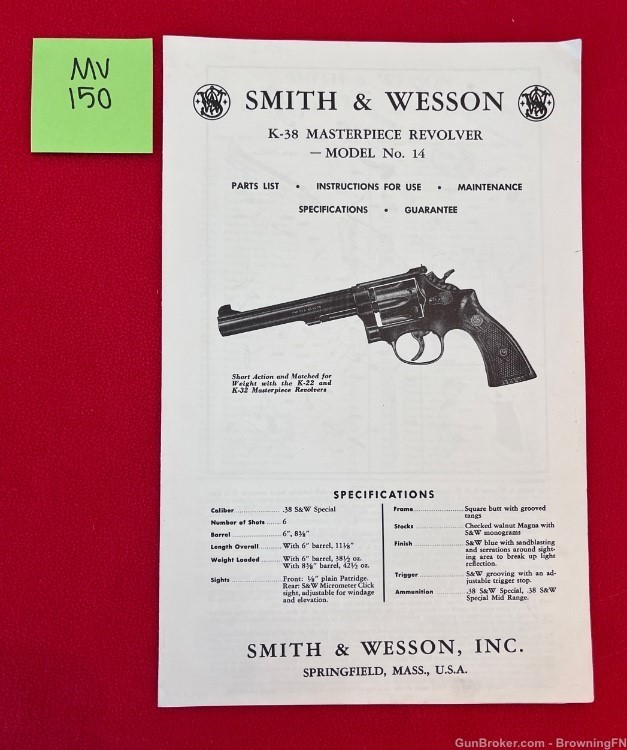Vintage Smith & Wesson Owners Instruction Manual Model 14 K-38 S&W-img-0