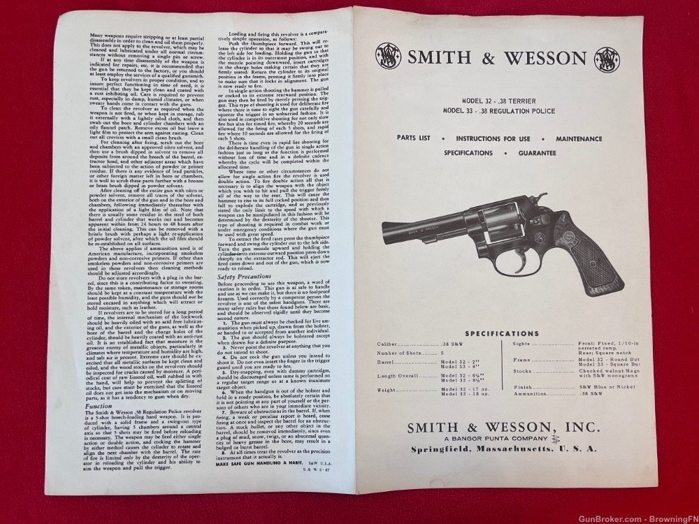 Vintage Smith & Wesson Owners Instruction Manual Model 32 33 Terrier S&W-img-3