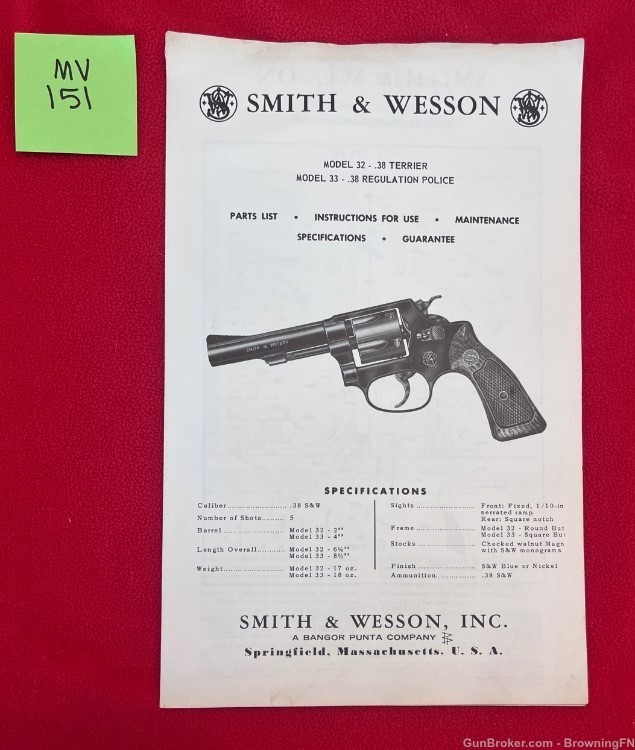 Vintage Smith & Wesson Owners Instruction Manual Model 32 33 Terrier S&W-img-0