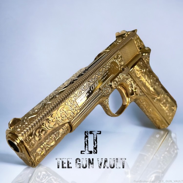COLT CUSTOM 1911 GOVERNMENT .45 ACP FULLY ENGRAVED 24K PLATED WITH 2 GRIPS-img-1