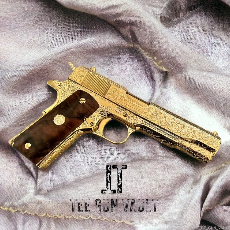 COLT CUSTOM 1911 GOVERNMENT .45 ACP FULLY ENGRAVED 24K PLATED WITH 2 GRIPS-img-0