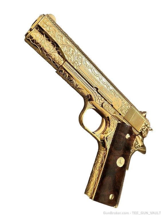 COLT CUSTOM 1911 GOVERNMENT .45 ACP FULLY ENGRAVED 24K PLATED WITH 2 GRIPS-img-8