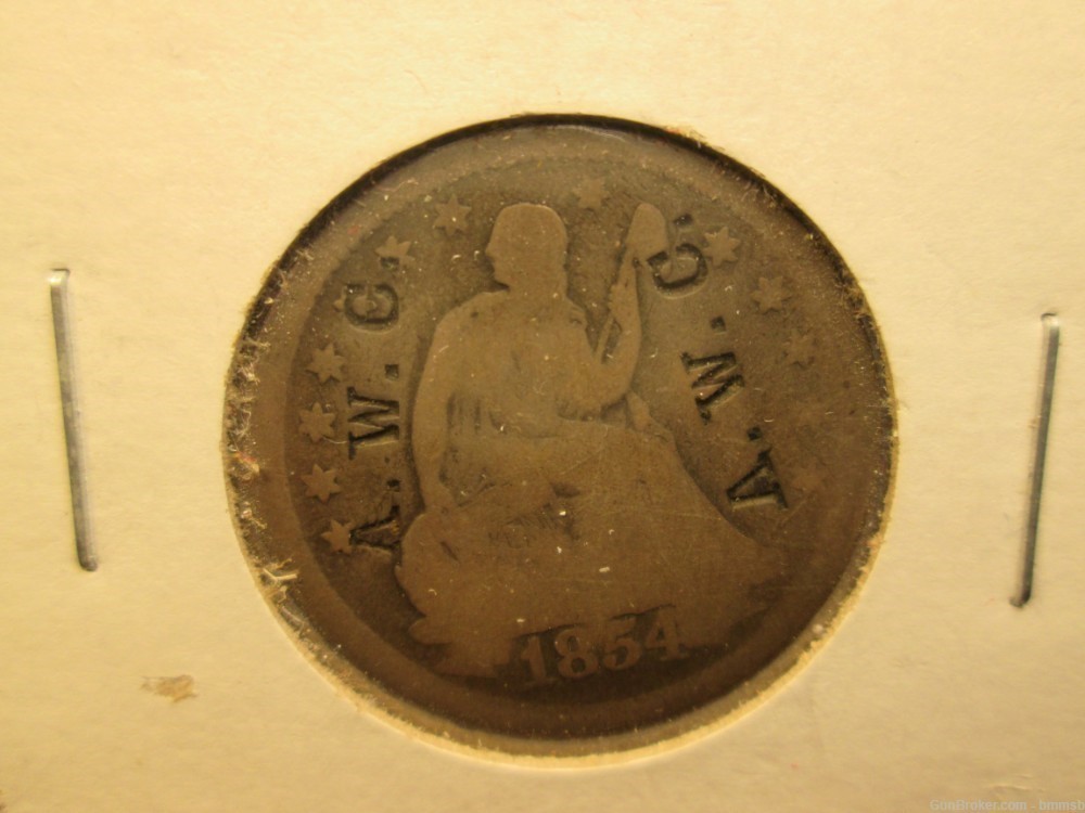 U.S. COUNTER STAMPED Liberty Seated Quarter Dollar coin, 1854, Variety # 3-img-1