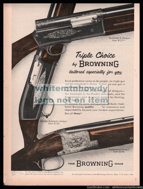 1956 BROWNING  Automatic-5, Double Auto, Superposed Shotgun PRINT AD-img-0