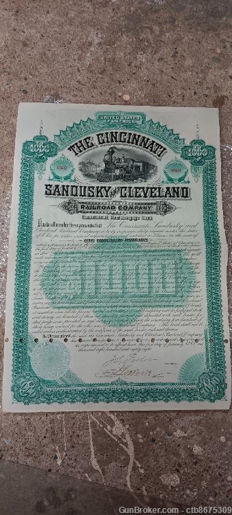 1888 Cincinnati Sandusky & Cleveland Railroad Company Bond Stock Certificat-img-0