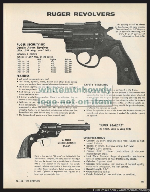 1973 RUGER Security-Six and Super Bearcat Revolver PRINT AD-img-0