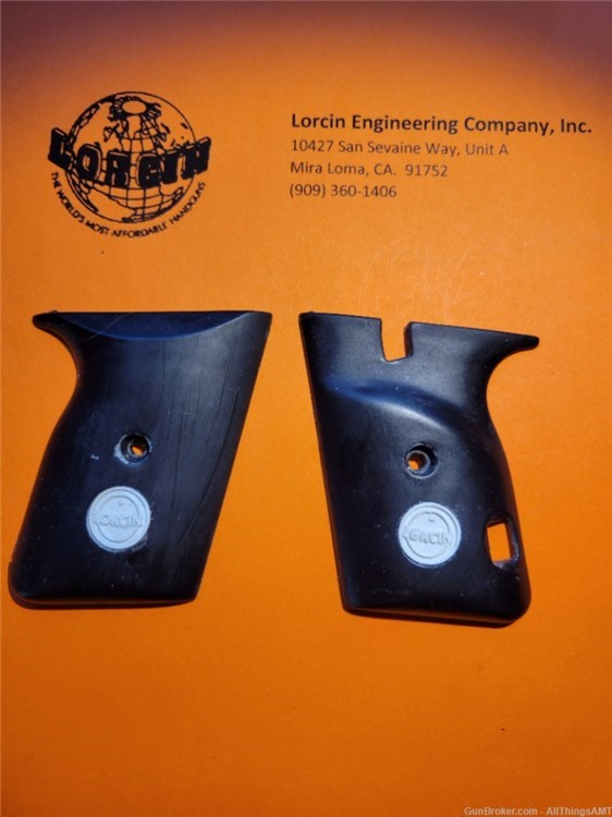 Lorcin Engineering Company L22 new smooth black grips with medallions-img-1