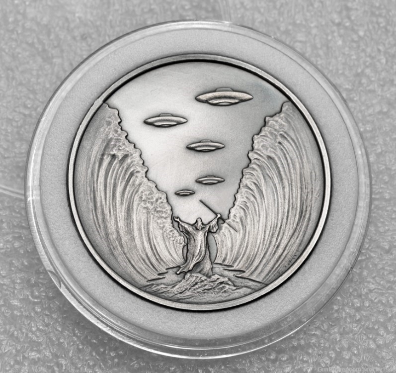 UFO's over the Red Sea - 1 oz .999 silver round w/custom antique finish-img-0