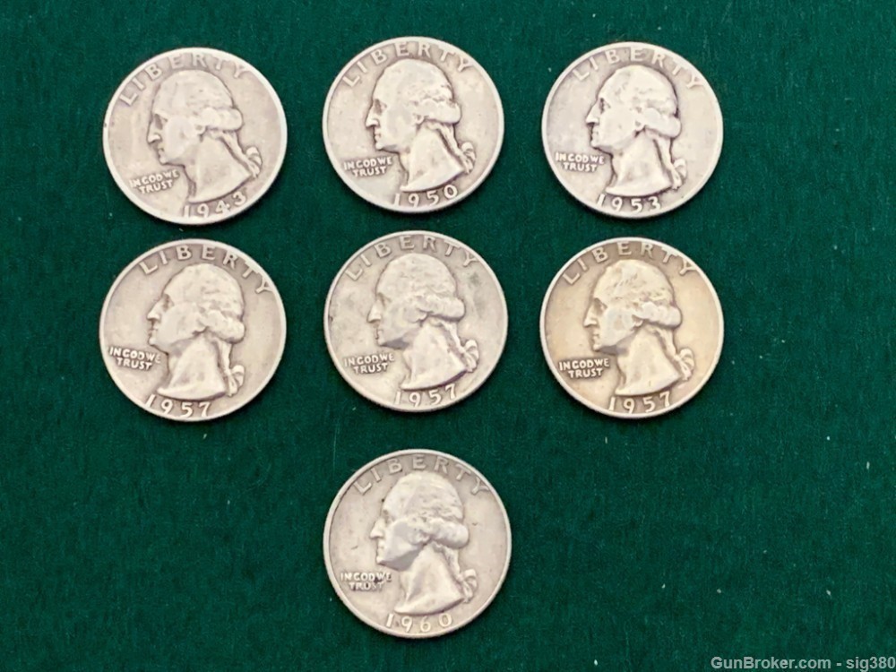 7 SILVER QUARTERS 1943, 1950, 1953, 3 X 1957, 1960  GREAT LOT, MANY MS COIN-img-0