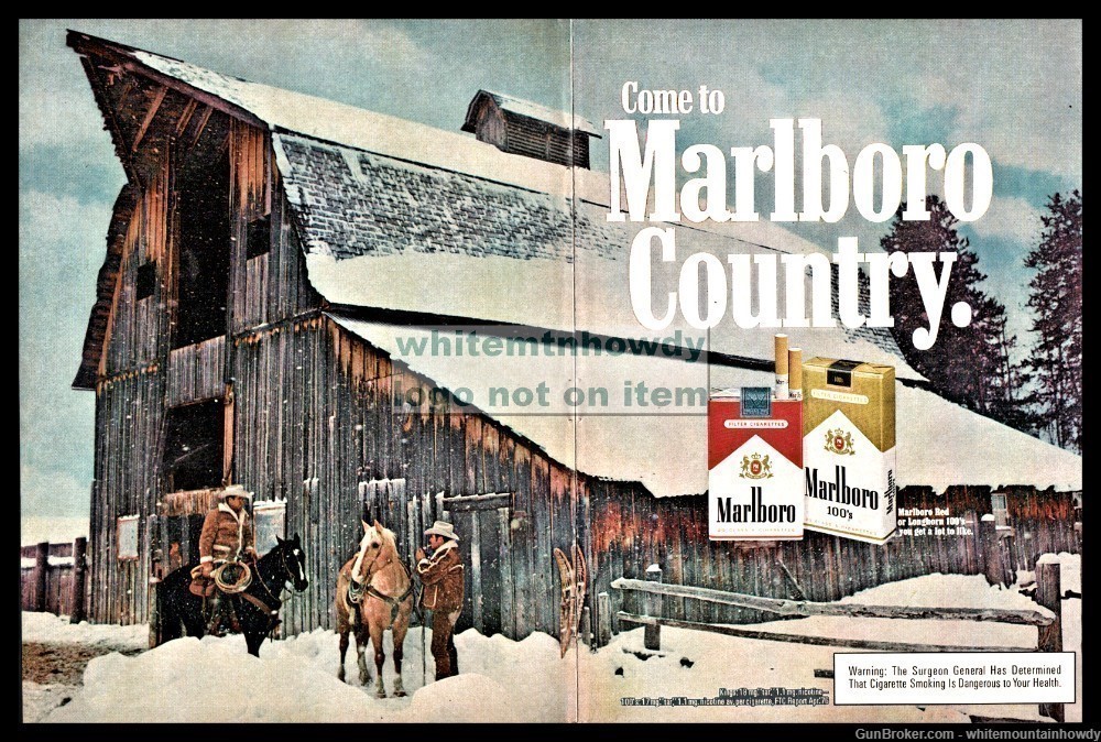 1976 MARLBORO MAN Cigarettes 2-pg AD Cowboys Horse Barn in Snow-img-0