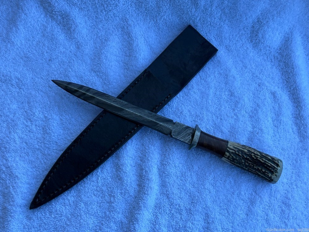CUSTOM HAND FORGED OSO FORGE LARGE DAMASCUS DAGGER HUNTING KNIFE WITH SCABB-img-0