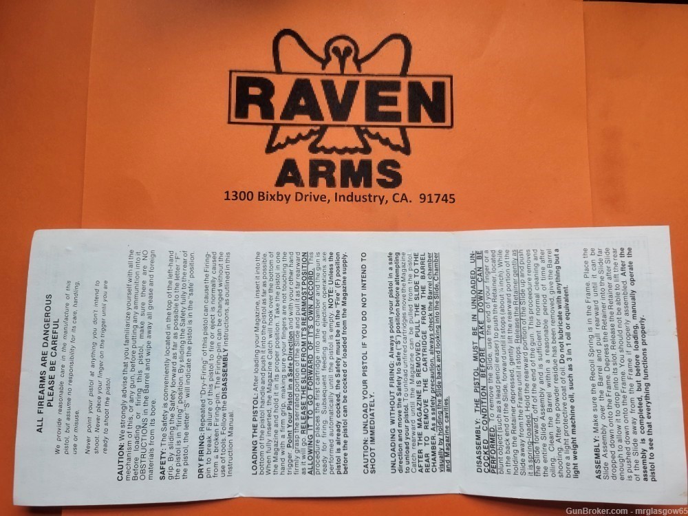 Raven Arms 3rd Generation Model P-25 P25 P 25 Owners Manual - Industry, CA -img-1