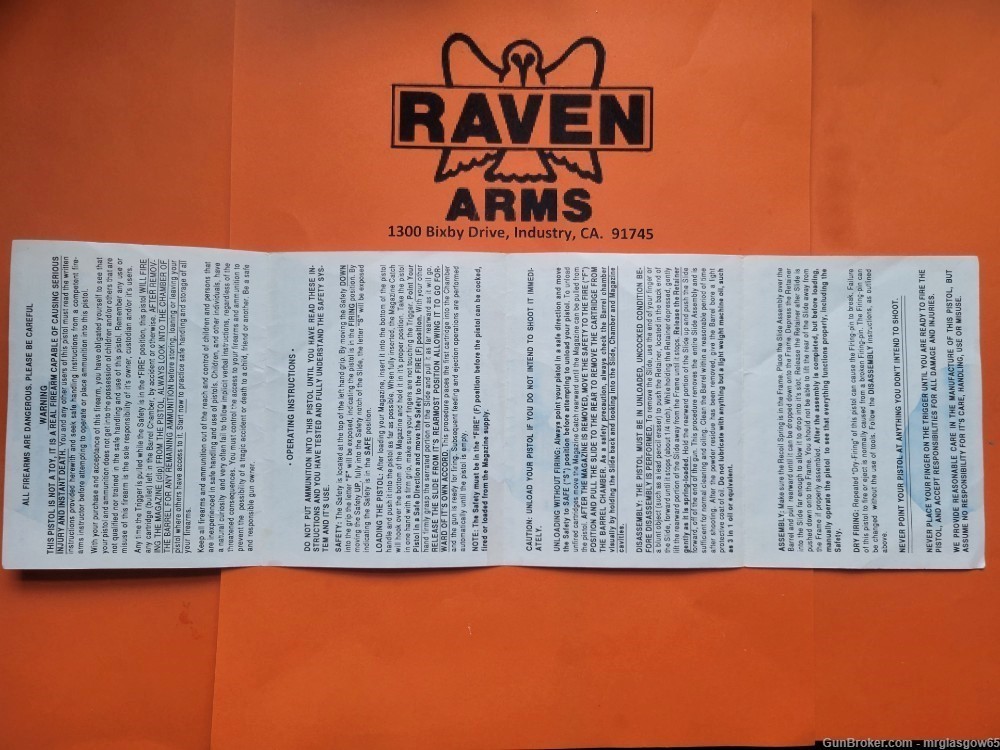 Raven Arms 4th Generation Model P 25 MP 25 Owners Manual Industry, CA 02-90-img-1