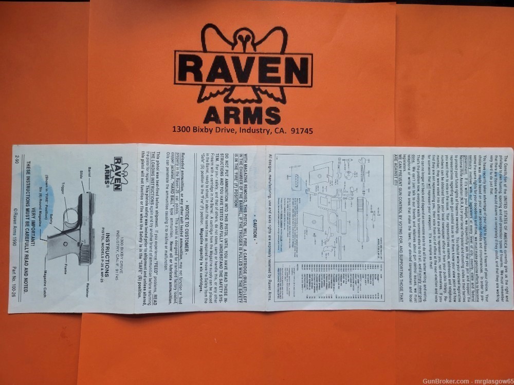 Raven Arms 4th Generation Model P 25 MP 25 Owners Manual Industry, CA 02-90-img-0