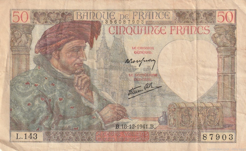 WWII Early Vichy France Currency Note, 50 Francs, 1941-img-1