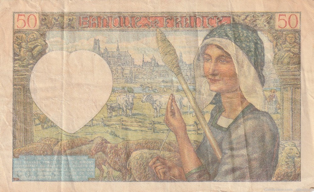 WWII Early Vichy France Currency Note, 50 Francs, 1941-img-0