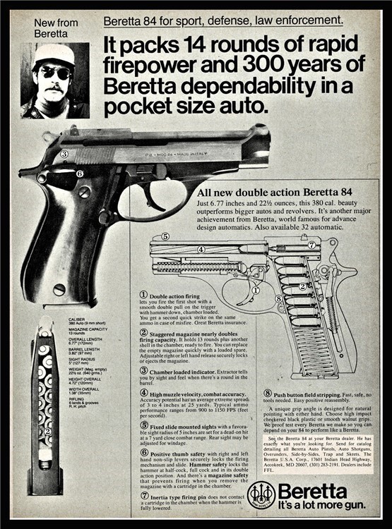 1980 BERETTA 84 Pistol with cutaway view Pistol Vintage PRINT AD-img-0