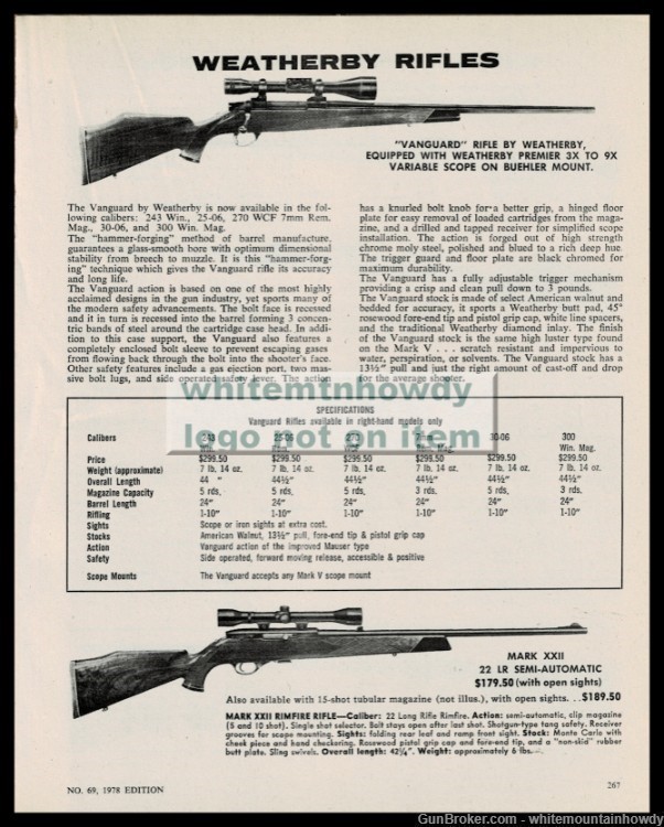1973 WEATHERBY Vanguard and Mark XXII Rifle shown w/ scope AD specs/prices-img-0
