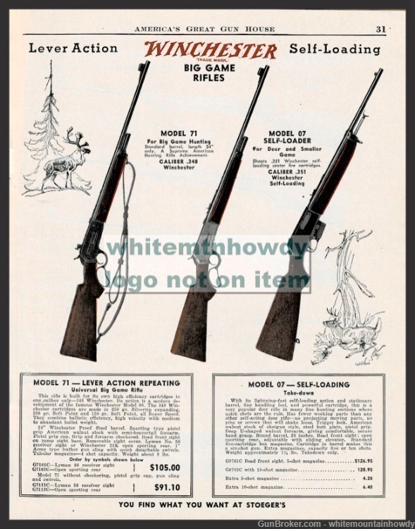 1950 WINCHESTER Model 71 Lever, 07 Self-Loading Big Game Rifle PRINT AD-img-0