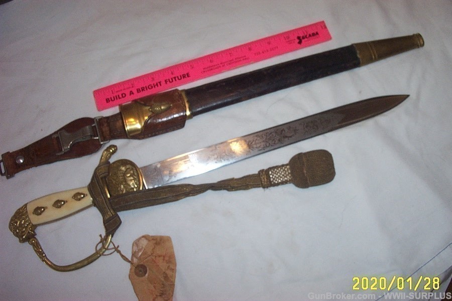 RARE WWII GERMAN DELUXE LIONS HEAD SENIOR FORESTRY CUTLASS w/KNOT& FROG +-img-0