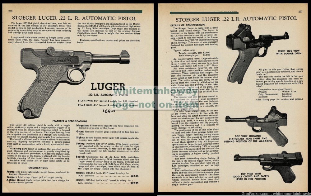 1970 LUGER .22 L.R. Automatic Pistol 2-pg AD w/specs & construction details-img-0