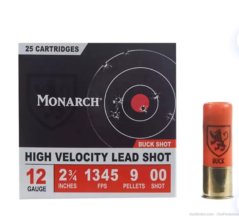 Monarch High Velocity High Brass 12 Gauge 00 Buck Shotshell 25 Rds no cc fe-img-0