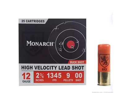 Monarch High Velocity High Brass 12 Gauge 00 Buck Shotshell 25 Rds no cc fe