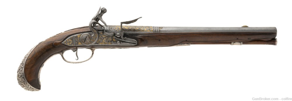 Exquisite French Gilt Engraved Silver Mounted Flintlock Pistols (AH8059)-img-1