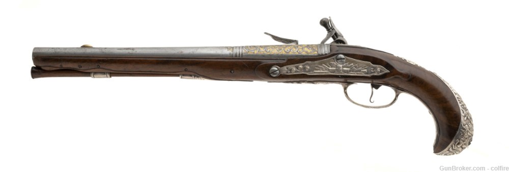 Exquisite French Gilt Engraved Silver Mounted Flintlock Pistols (AH8059)-img-2