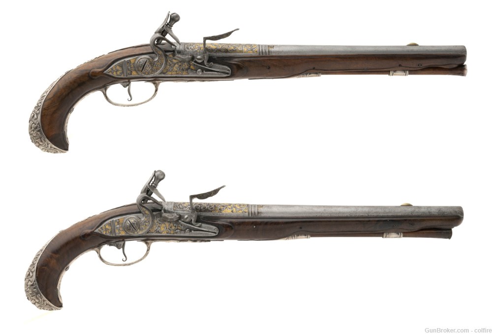 Exquisite French Gilt Engraved Silver Mounted Flintlock Pistols (AH8059)-img-0