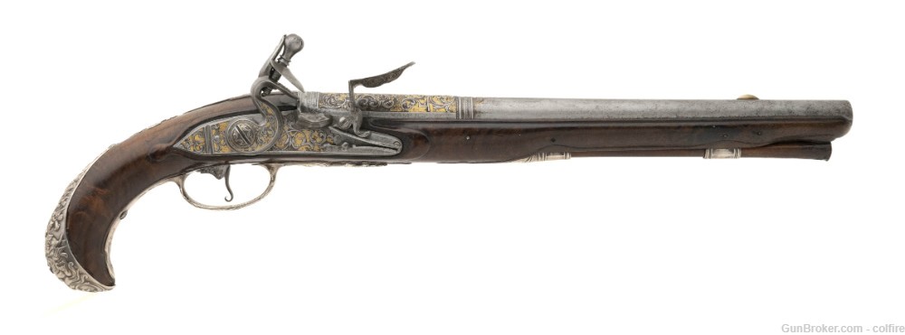 Exquisite French Gilt Engraved Silver Mounted Flintlock Pistols (AH8059)-img-4