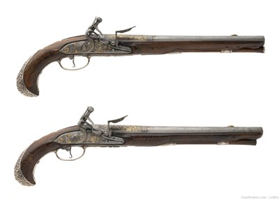 Exquisite French Gilt Engraved Silver Mounted Flintlock Pistols (AH8059)