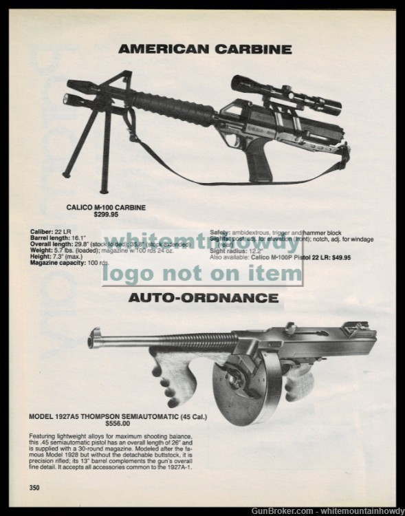 1988 CALICO M-100 Carbine and Auto Ordnance Thompson 1927AS PRINT AD-img-0