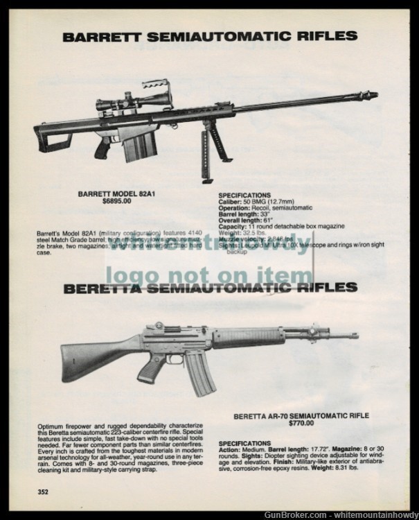 1988 BARRETT 82A1 and BERETTA AR-70 Semi-Auto Rifle PRINT AD-img-0