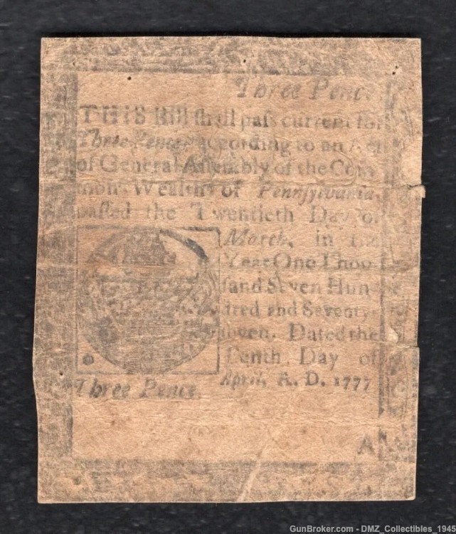 US Revolutionary War Era 1777  Pennsylvania Colonial Currency Note Money-img-0