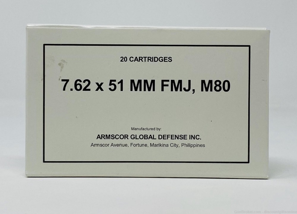 Armscor 7.62x51mm Ammunition M80 147 Grain FMJ Box of 20 Rounds SALE!-img-0
