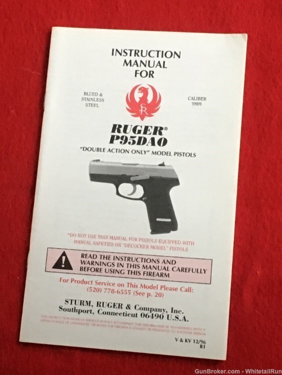 RUGER FACTORY P95DAO INSTRUCTION MANUAL DATED 12/96-EUC-img-0
