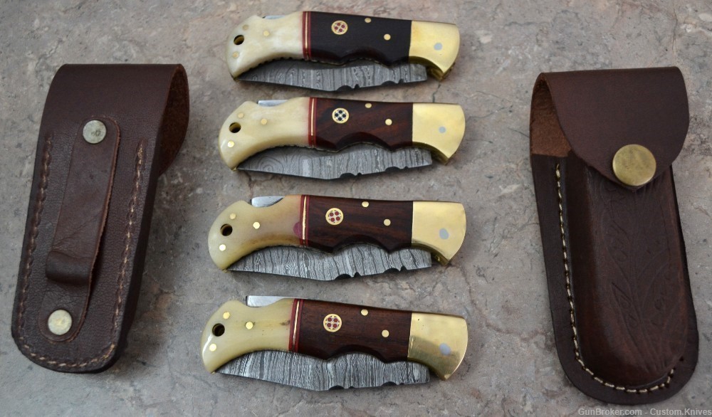 Damascus Steel Set of 4 Back LocK Pocket Knives Mix Handle (LT FK WB)-img-0