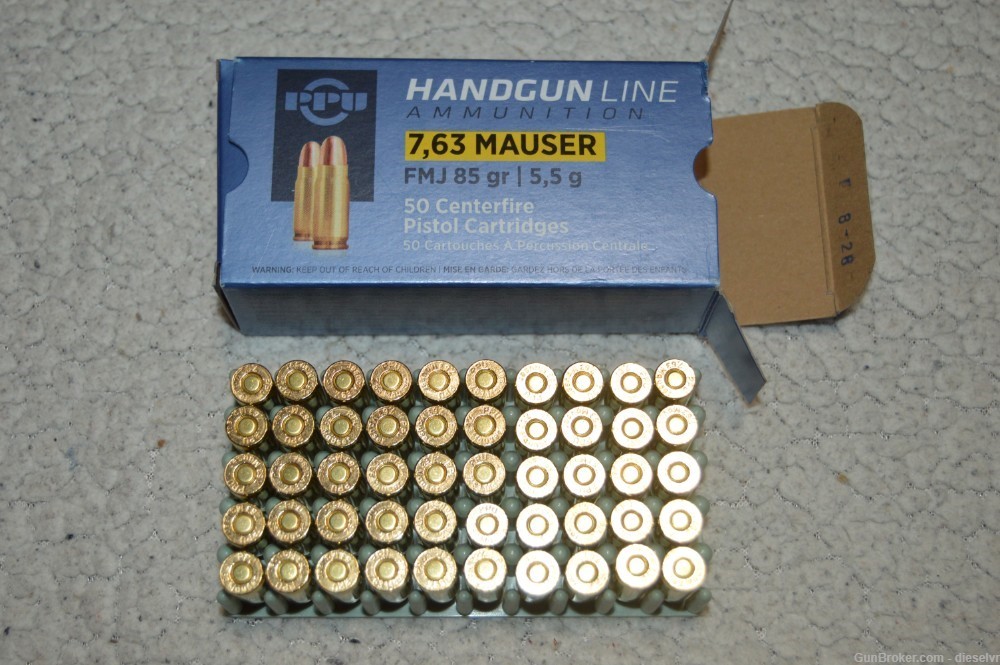 250 Rounds NEW PPU 7.63 mm Mauser Ammunition-img-3