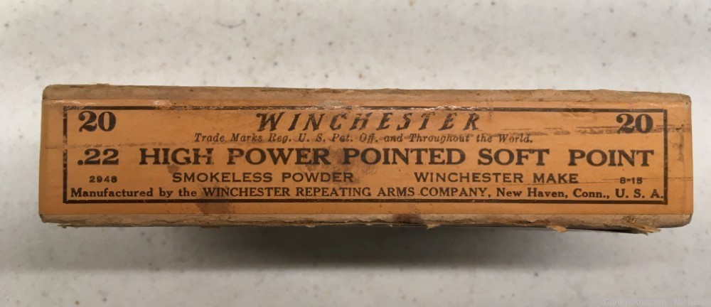 Winchester .22 High Power 70 grain Pointed Soft Point, Full Box, 1915 Label-img-4