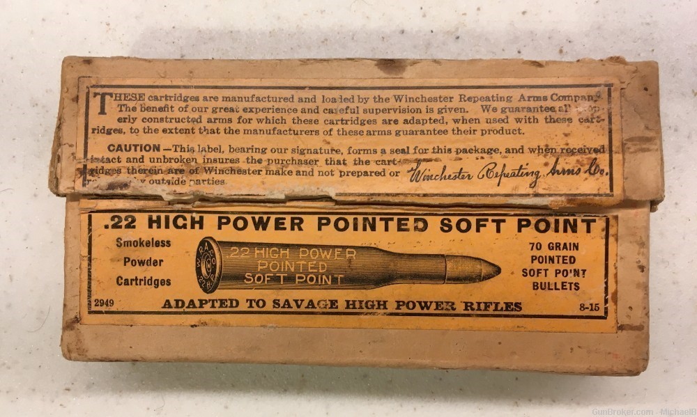 Winchester .22 High Power 70 grain Pointed Soft Point, Full Box, 1915 Label-img-0