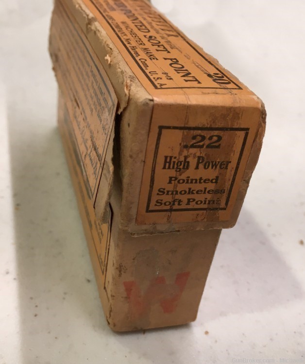 Winchester .22 High Power 70 grain Pointed Soft Point, Full Box, 1915 Label-img-2