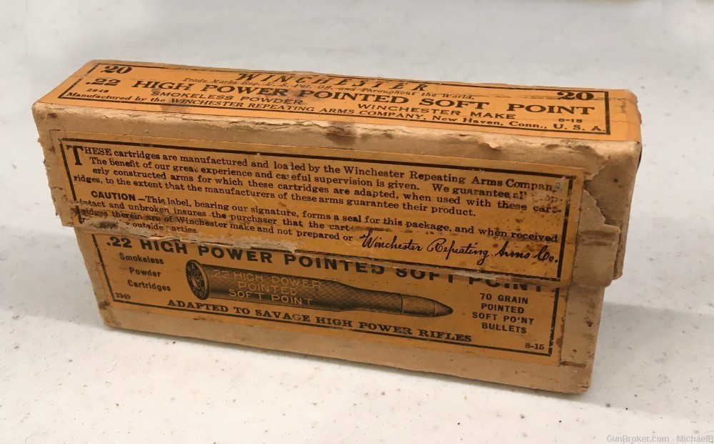 Winchester .22 High Power 70 grain Pointed Soft Point, Full Box, 1915 Label-img-10