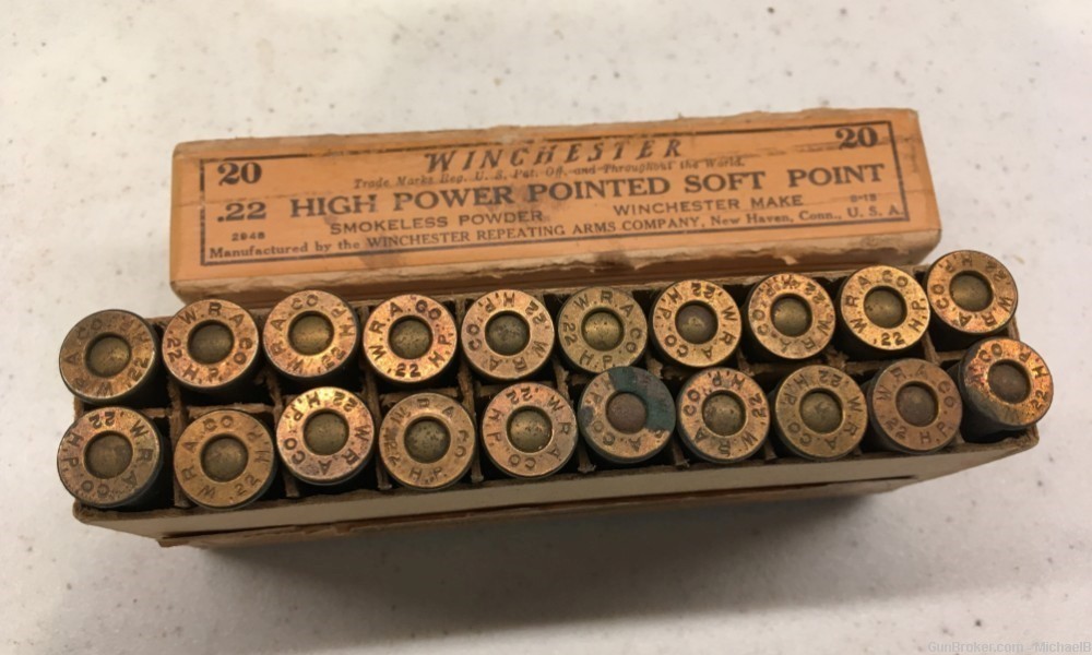 Winchester .22 High Power 70 grain Pointed Soft Point, Full Box, 1915 Label-img-8