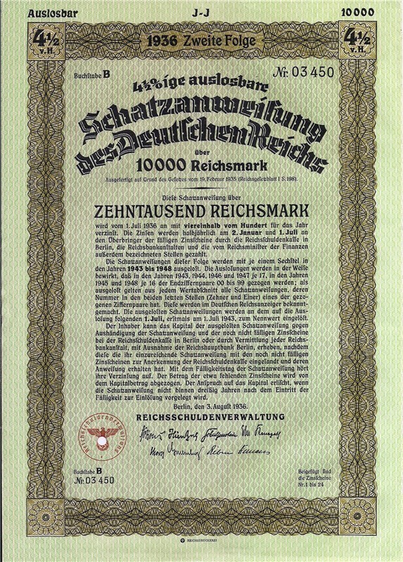 German Treasury Loan. 10,000 Reichsmarks bond 1936 with swastika-img-0
