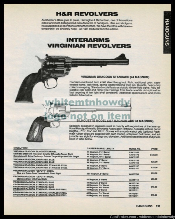 1987 VIRGINIAN DRAGOON Standard & Silhouette 44 Magnum Revolver Interarms A-img-0